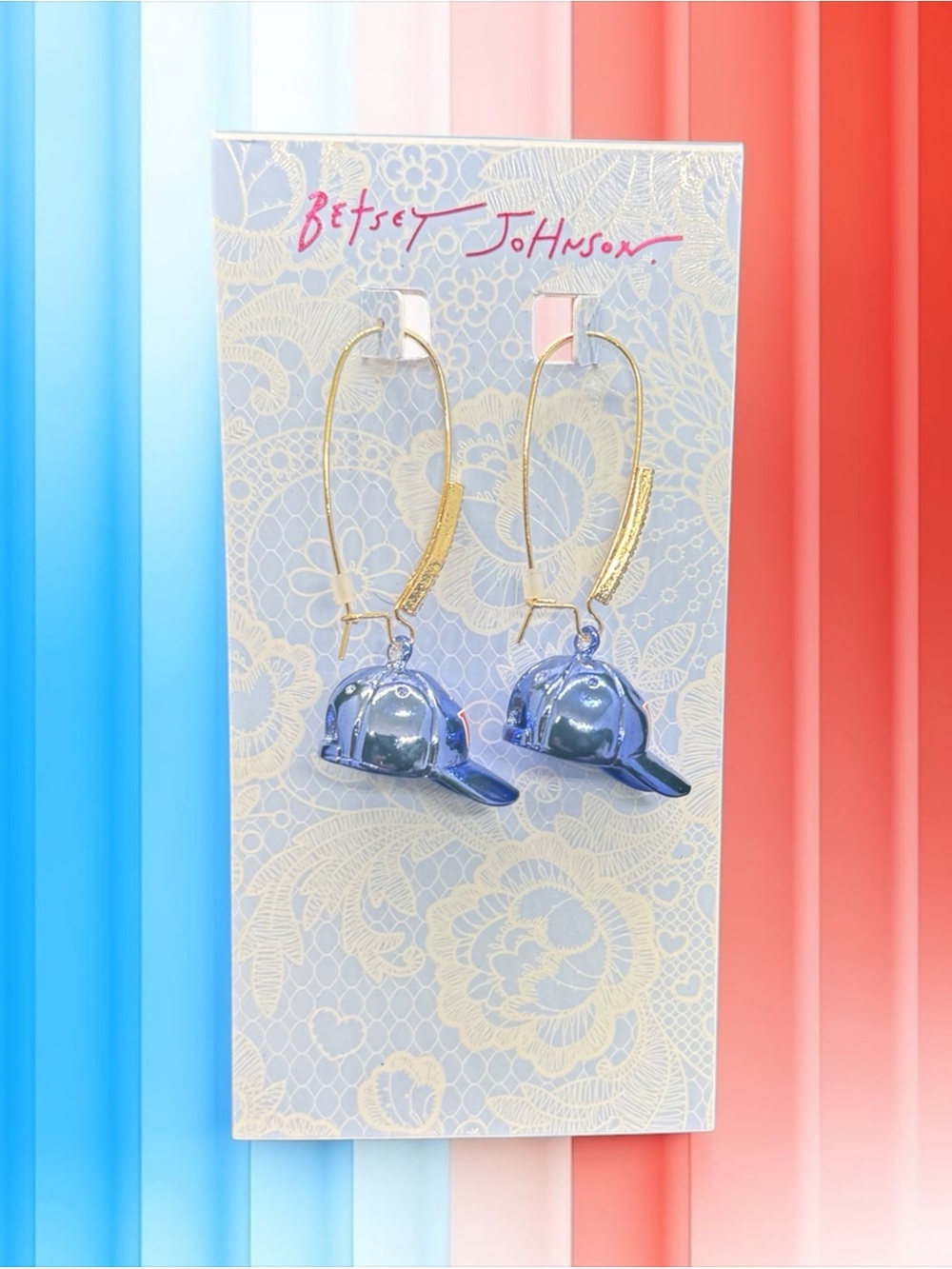 ♥️🤍💙BETSEY JOHNSON♥️🤍💙Metallic Blue ‘USA’Baseball Cap Hoop Earrings w/Crystals